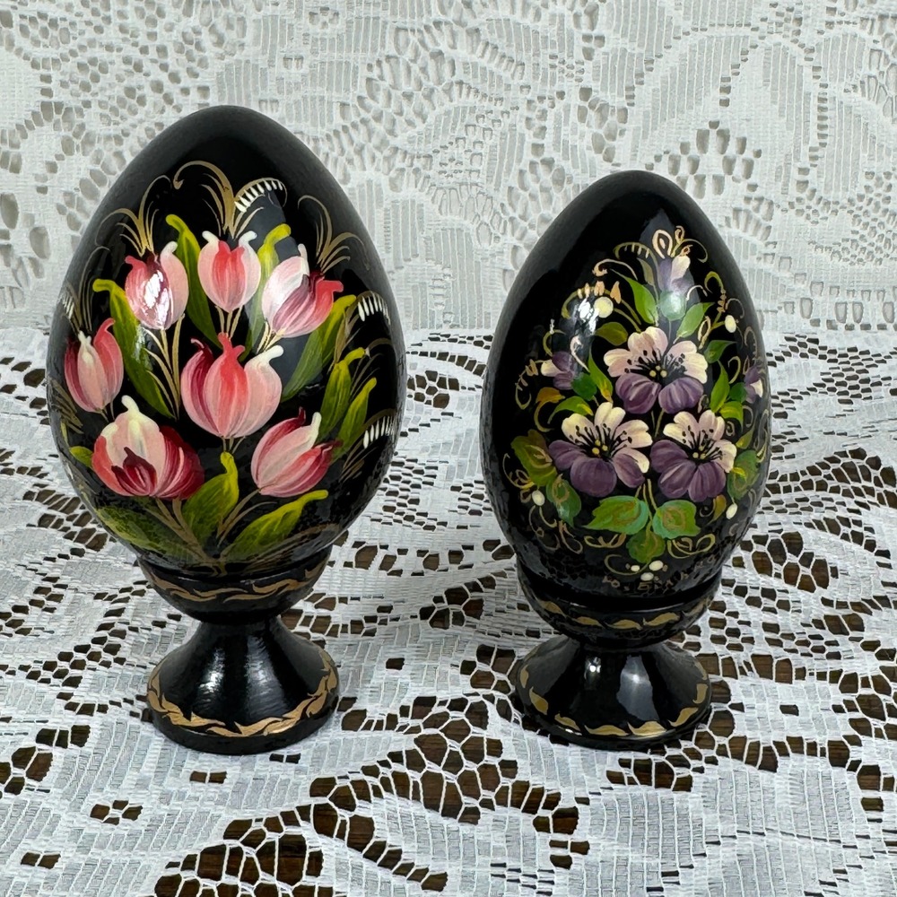 Ukrainian Hand Painted Wooden Eggs Petrykivka Floral Lacquer Pair Kyiv 2004